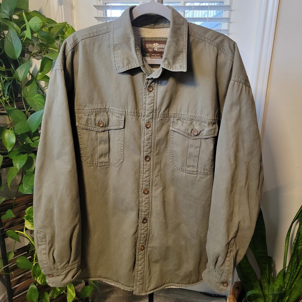 Levis Mens XL Sherpa Lined Cotton Canvas Shirt Jacket Olive Green Heavyweight